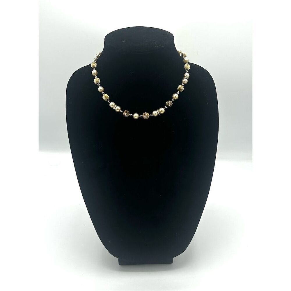 Vintage Gold Faux Pearl Beaded Necklace with Gold Toned Beads Rhinestones